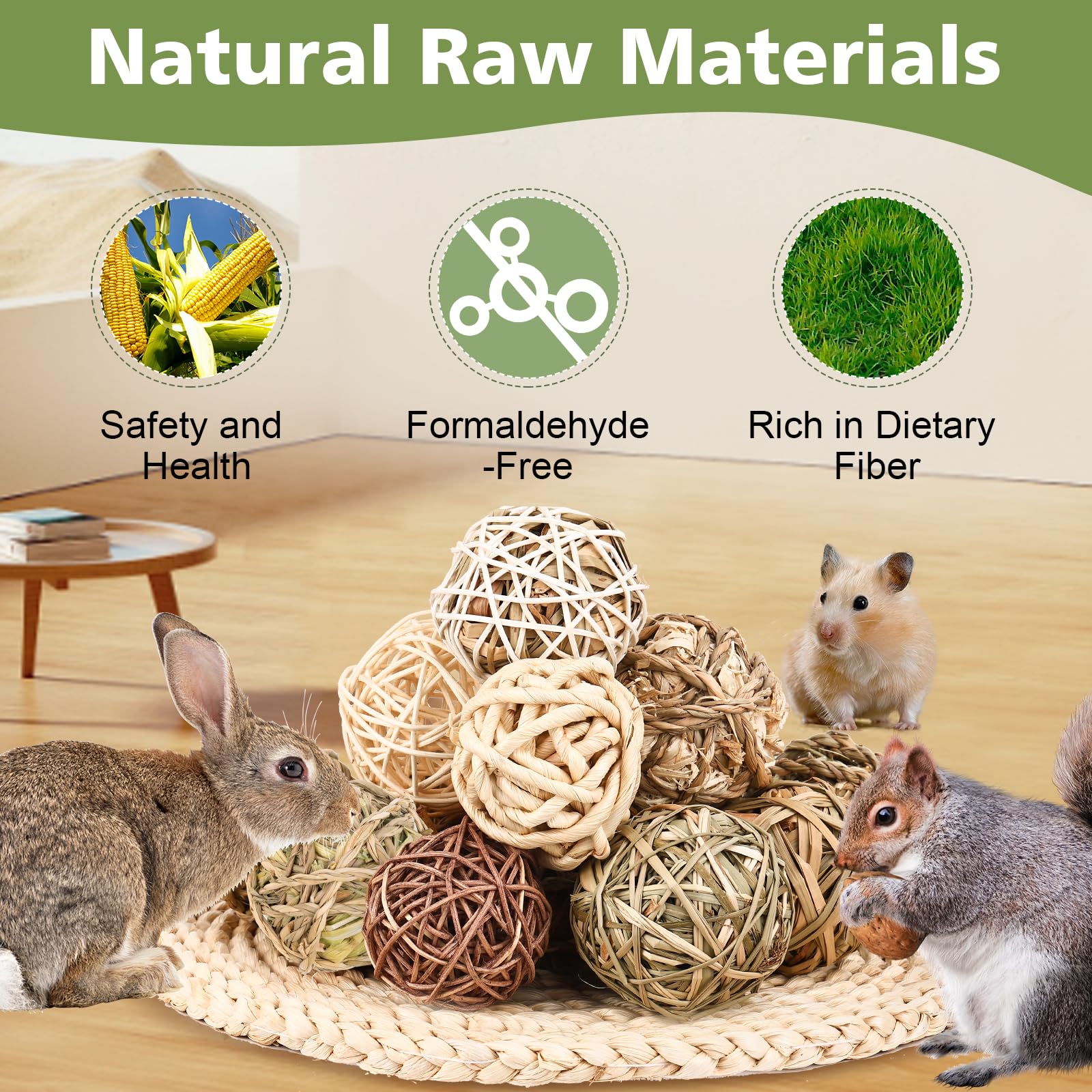 Bunny Chew Grass Balls, (8 Pcs) Rolling Chew Toys for Small Animals, Natural Chew Grass Toys and Bunny Treats for Rabbits, Guinea Pigs, Chinchillas, Hamsters, Mice Teeth Grinding