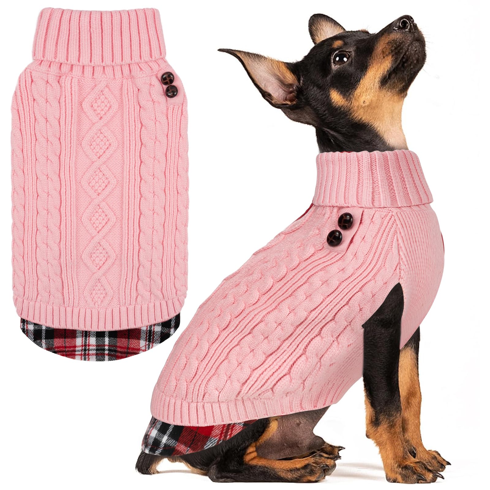 Premium Dog Sweater Soft Pullover Dog Sweaters for Small Dogs Male Stretchy Knitwear Cat Clothes Warm Turtleneck Small Dogs Sweater with Gingham Patchwork Comfy Pet Coat for Fall Winter Cold Weather