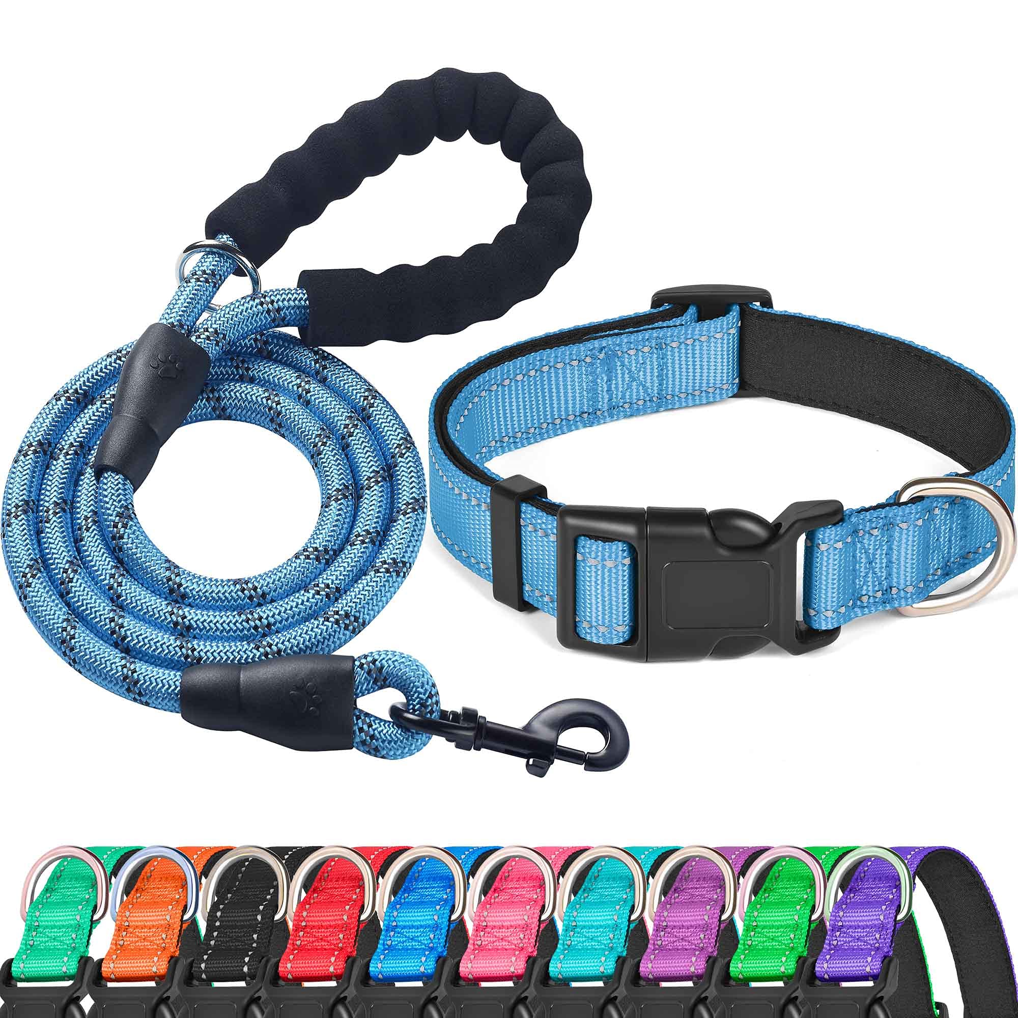 Reflective Dog Collar Padded with Soft Neoprene Breathable Adjustable Nylon Dog Collars for Small Medium Large Dogs (Medium (Pack of 1), Vivid Blue Collar+Leash)