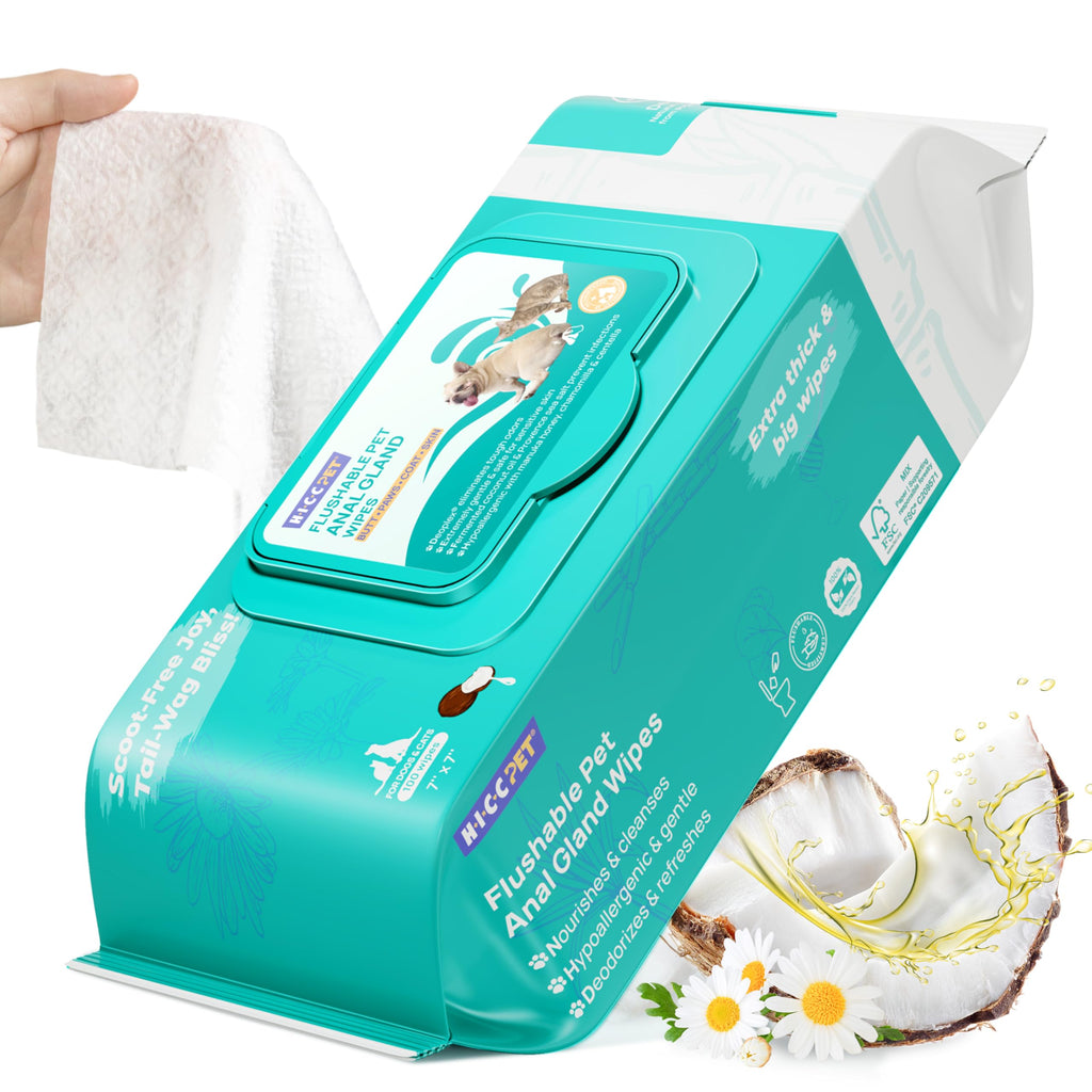 HICC PET Wipes for Dogs & Cats, Cleansing Deodorizing & Soothing Allergy Infections Anal Gland Pets Wipes with Coconut Oil - Dog Grooming Wipes for Butt and Paw - Hypoallergenic & Vet Recommended