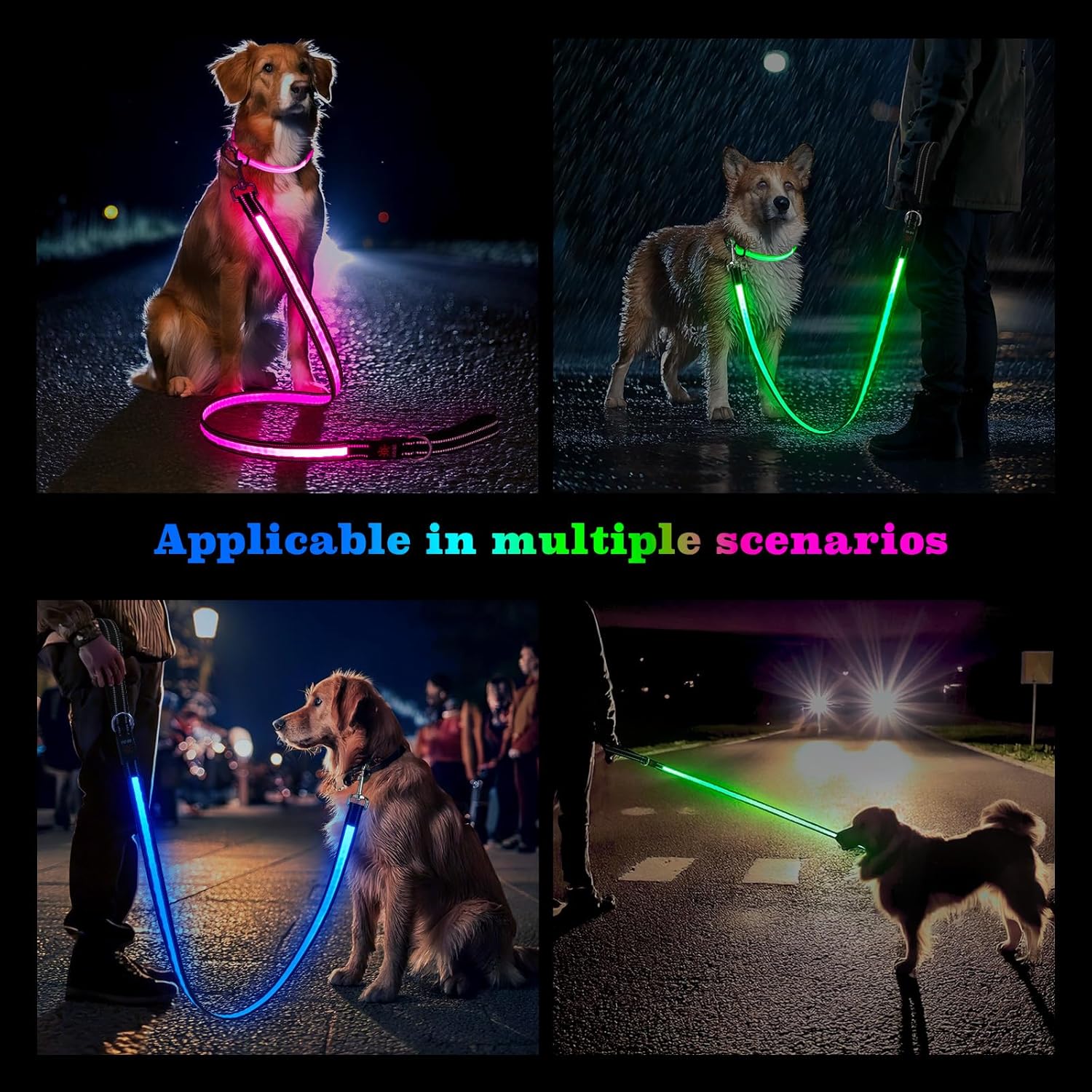 4 Ft LED Dog Leash, Light Up & Lighted Dog Leash, 7 Lighting Modes, Glow in The Dark, Reflective, Double-Sided Light, Rechargeable with Padded Handle for Night Walking Safety, Small to Large Pets