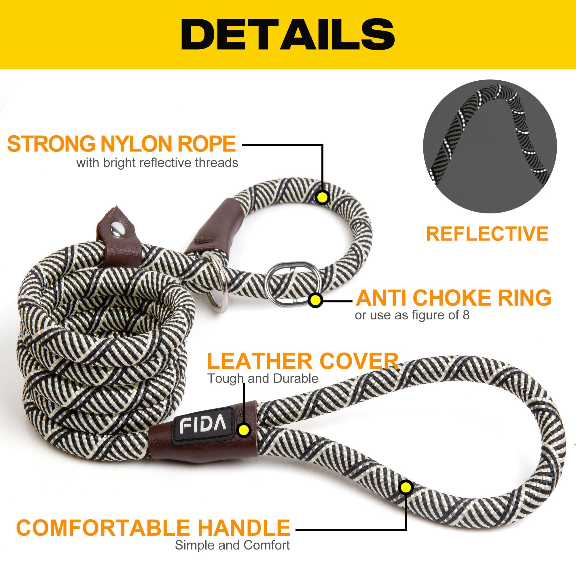 Durable Slip Lead Dog Leash, Heavy Duty Dog Loop Leashes, Comfortable Strong Rope Slip Leash for Large Medium Dogs, No Pull Pet Training Lead with Highly Reflective