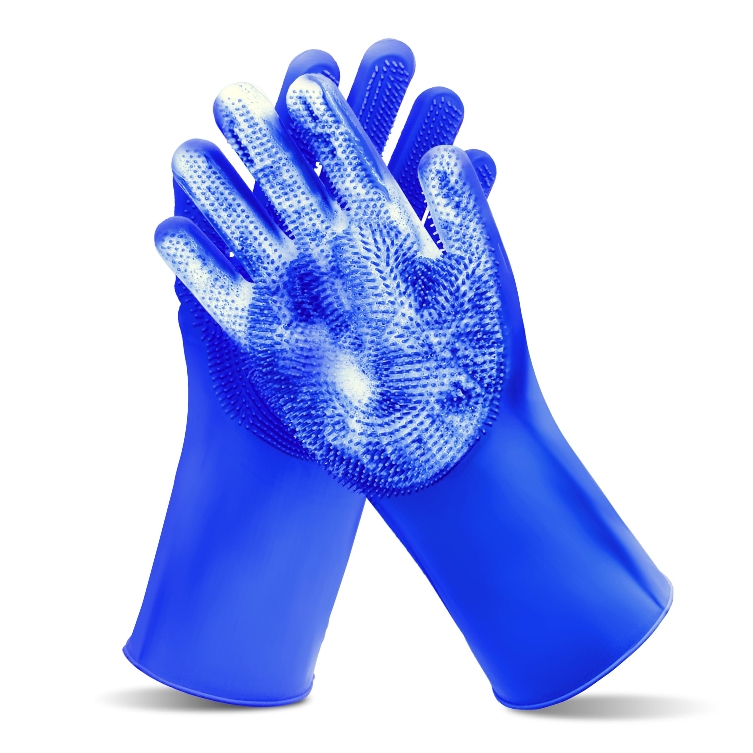 Pet Grooming Gloves—Heat Resistant Dog Washing Gloves with High-Density Teeth, Dog Bath Scrubber with Enhanced Five Finger Design, Silicone Gloves for Dogs and Cats Bathing, Massage (Blue)