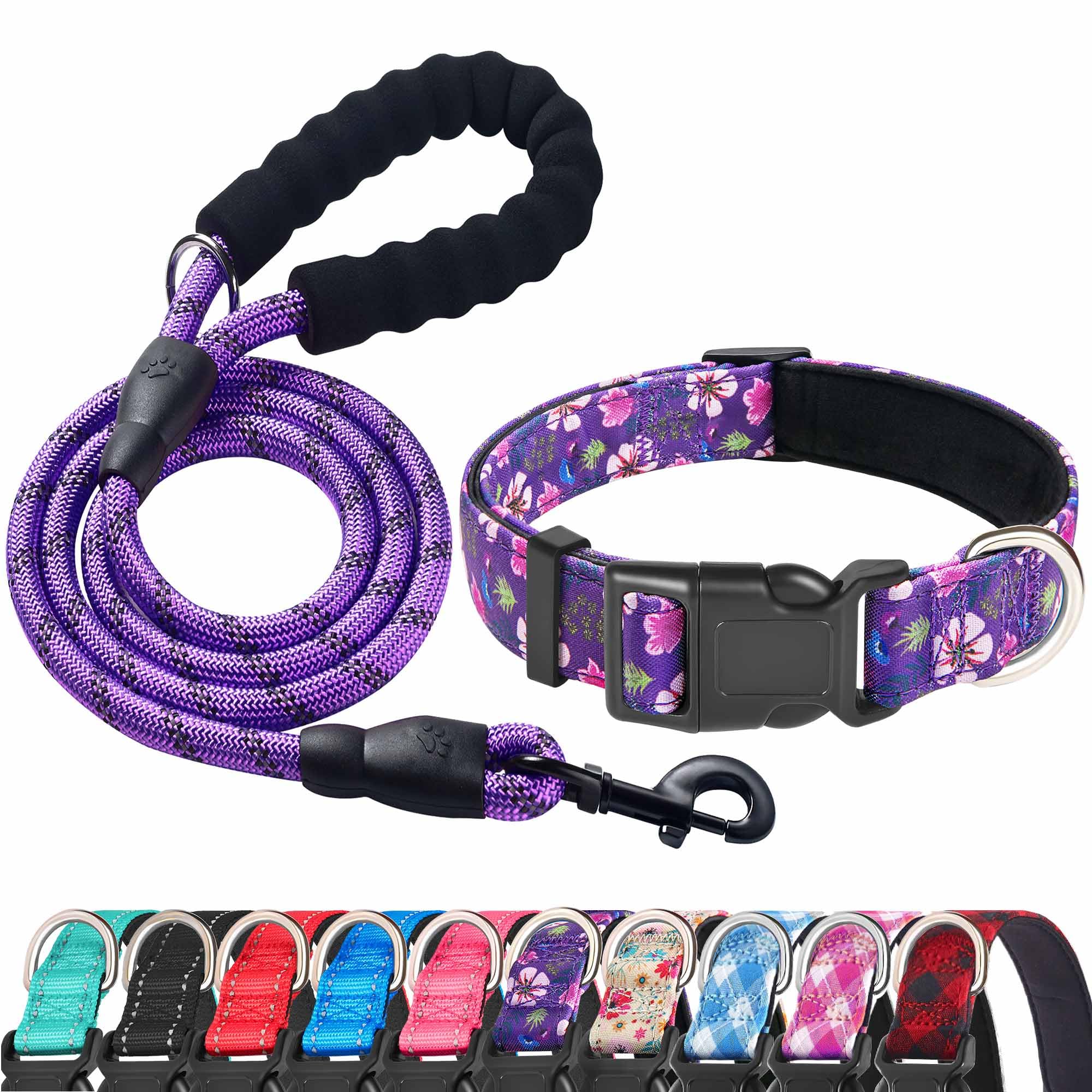 Reflective Dog Collar Padded with Soft Neoprene Breathable Adjustable Nylon Dog Collars for Small Medium Large Dogs (Medium (Pack of 1), Vivid Blue Collar+Leash)
