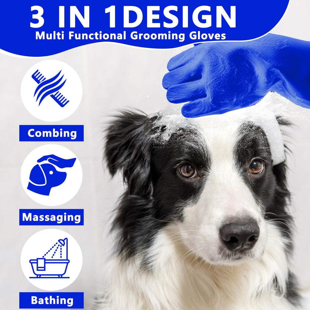 Pet Grooming Gloves—Heat Resistant Dog Washing Gloves with High-Density Teeth, Dog Bath Scrubber with Enhanced Five Finger Design, Silicone Gloves for Dogs and Cats Bathing, Massage (Blue)