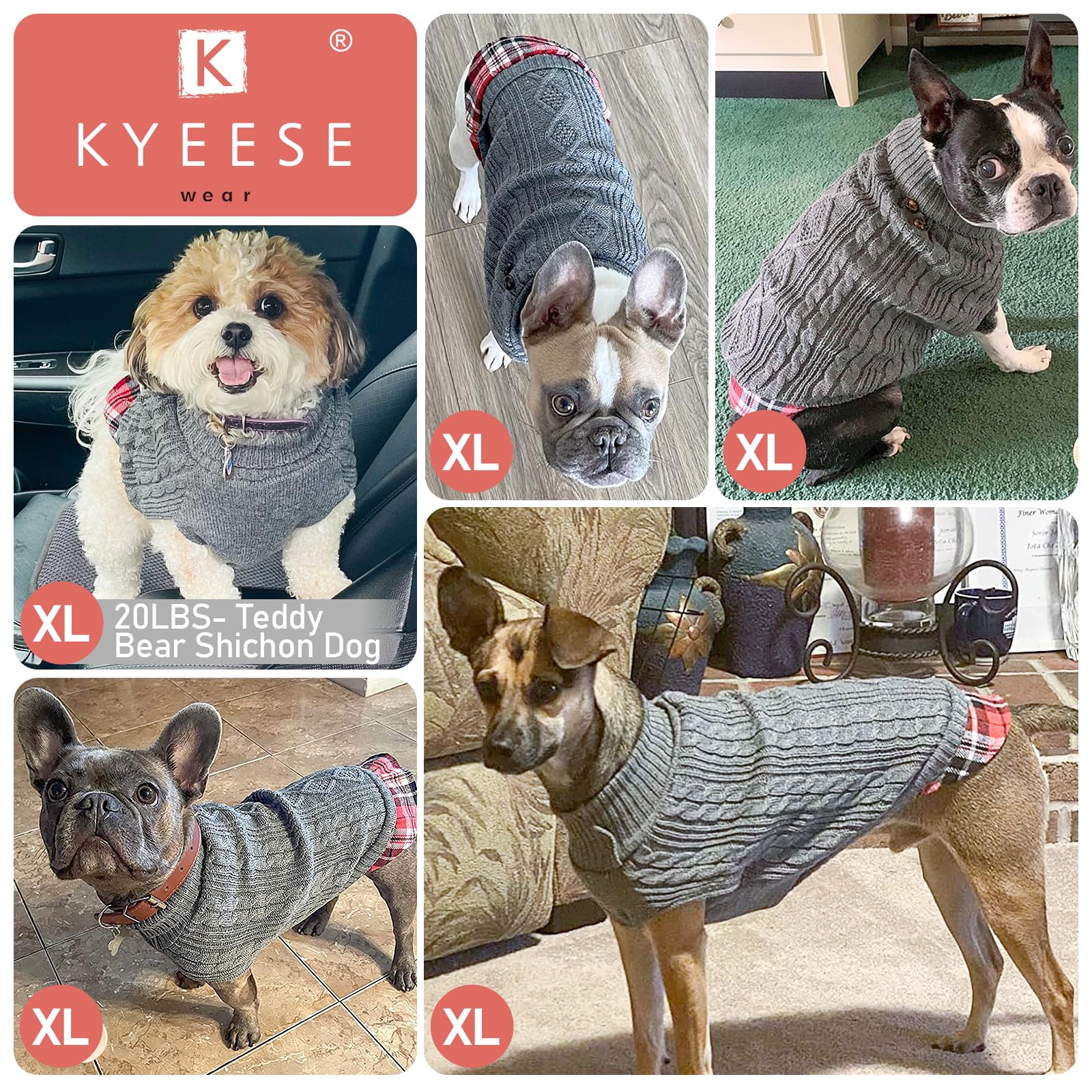 Premium Dog Sweater Soft Pullover Dog Sweaters for Small Dogs Male Stretchy Knitwear Cat Clothes Warm Turtleneck Small Dogs Sweater with Gingham Patchwork Comfy Pet Coat for Fall Winter Cold Weather